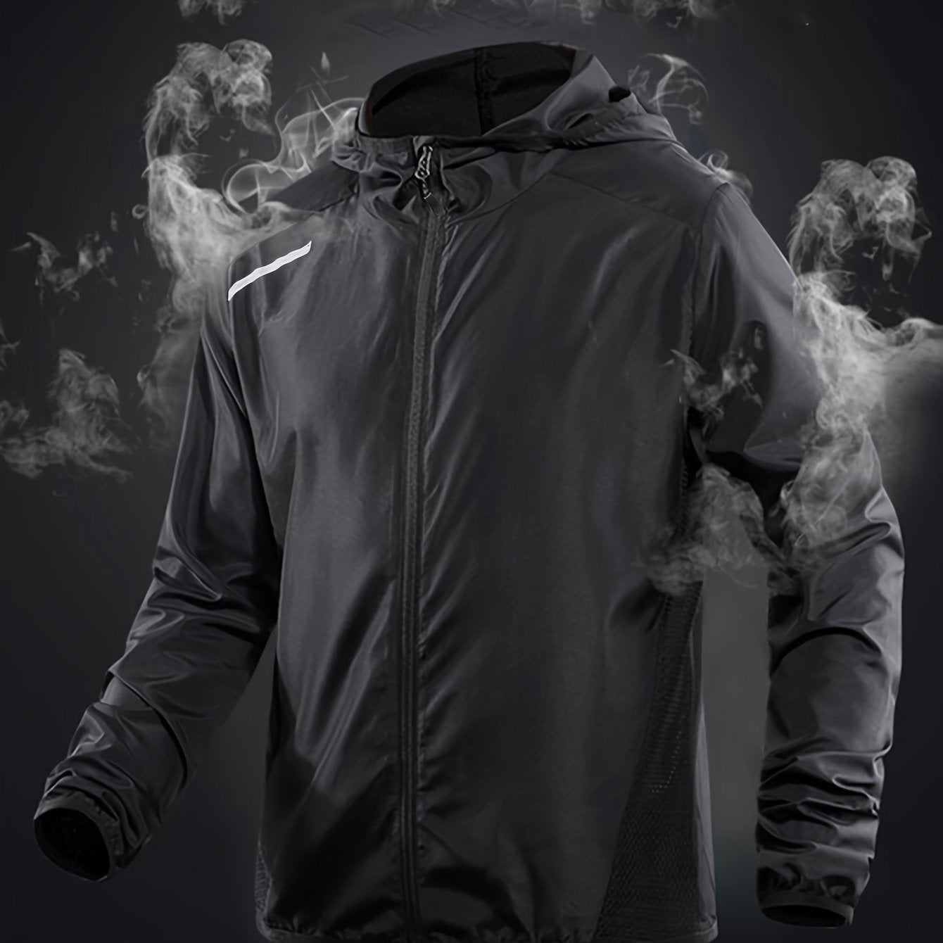 Men's lightweight windproof hooded jacket with reflective straps and mesh panels, ideal for outdoor activities. Features geometric pattern, made from woven fabric with 92% polyamide and 8%