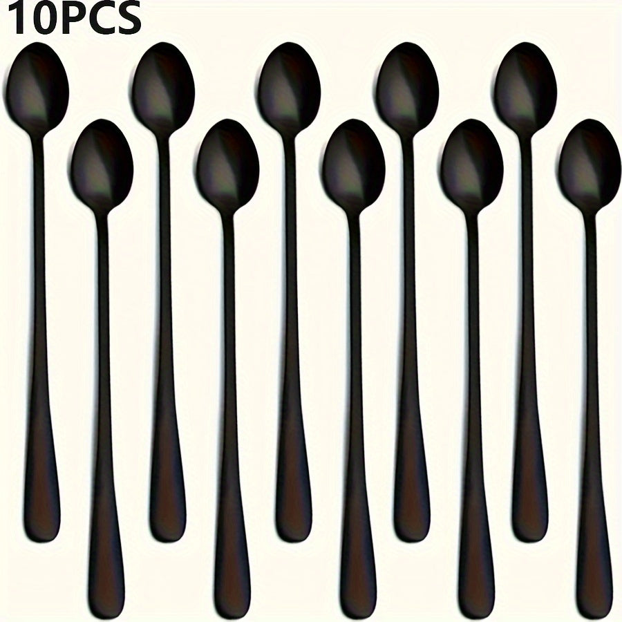 Set of 10 long-handled stainless steel spoons suitable for various uses in the kitchen and restaurants.