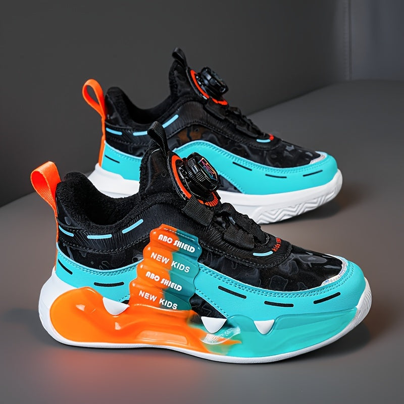 Mid-top youngsters athletic sneakers with breathable and non-slip design. Features hook-and-loop fastener strap, colorful cloud pattern, and letter design. Durable EVA sole suitable for all