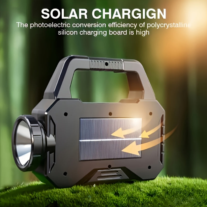 Rechargeable Solar flashlight with multiple functions, ideal for emergencies, camping, and fishing. Can charge mobile phones and power banks.