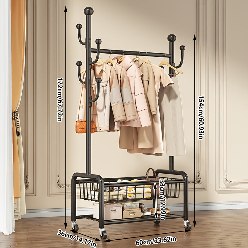 Multifunctional Rolling Coat Rack with 6 Hooks & Shelf - Strong Metal Construction, Perfect for Hanging Clothes, Jackets, Skirts, Coats, Scarves - Sleek Black Finish