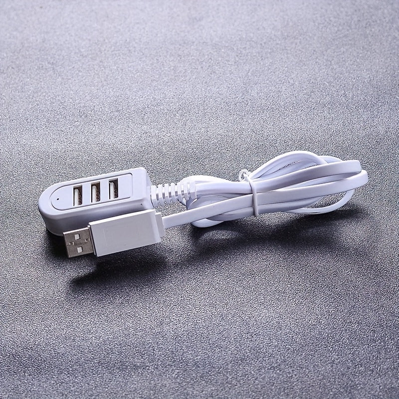 3-in-1 USB Multi-Port Adapter Cable with various functions including USB charging with data transfer, night light, card reader, fan, and other USB devices. Male to female polarity