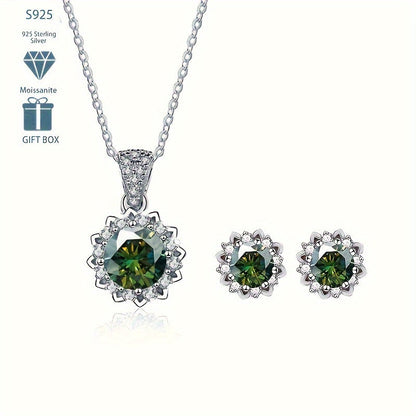 This stylish 4.5g S925 Silver Moissanite Necklace and Stud Earrings Set features a classic 1CT floral design. The set is silver-plated, making it perfect for parties, vacations, and as a Valentine's Day gift. This hot-selling fashion statement is sure to