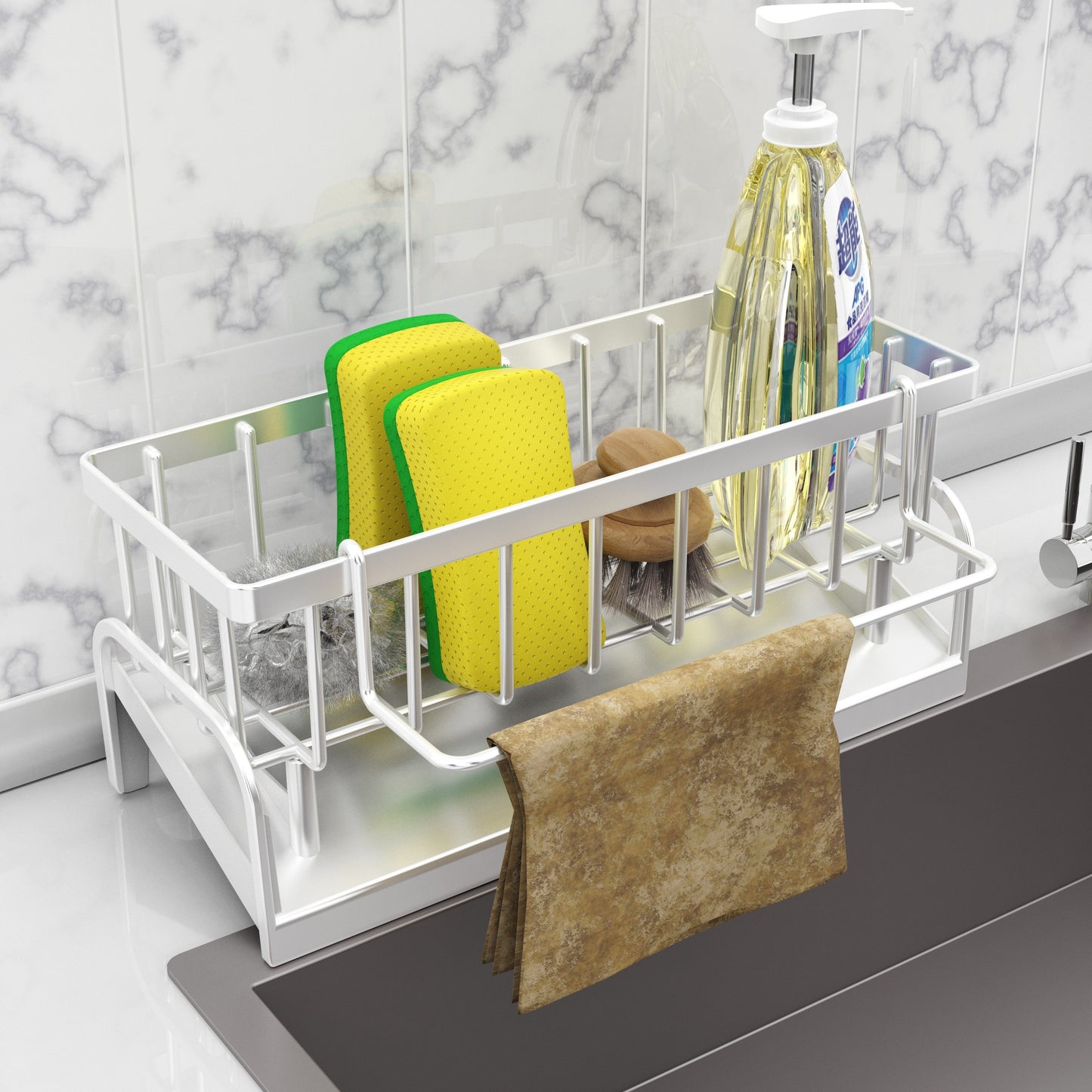 Plastic sink caddy set for kitchen and bathroom organization, includes storage rack for dish cloth, sponges and brushes. Durable and easy to clean for space saving.