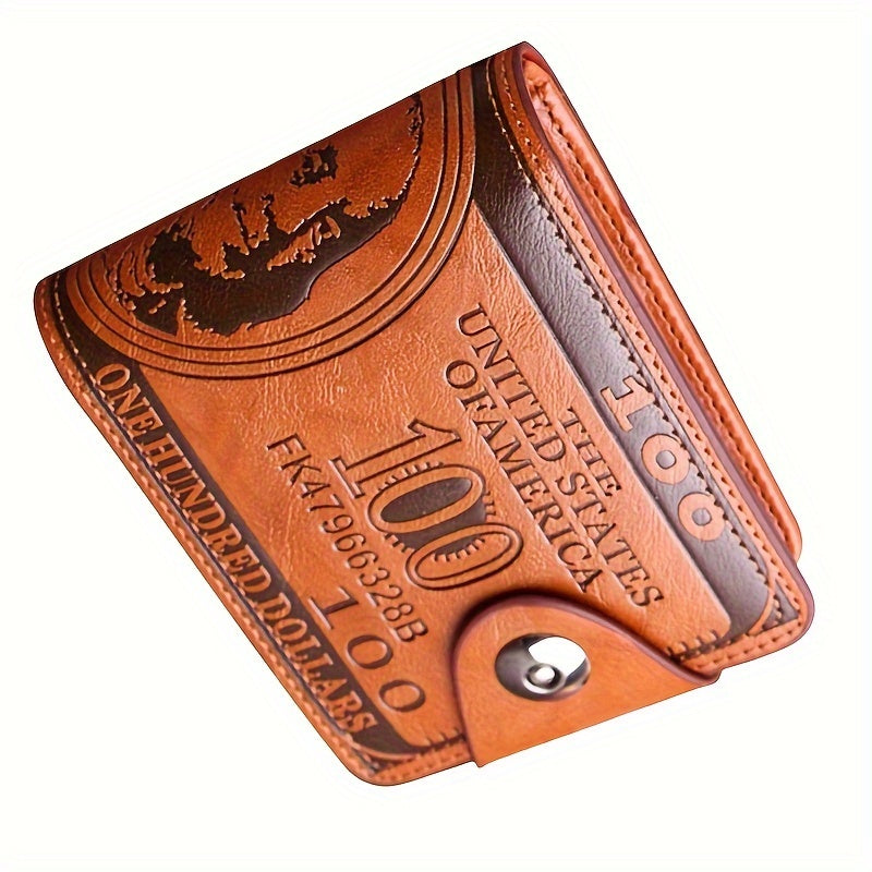 Men's PU leather wallet with dollar bill print, featuring a snap closure.