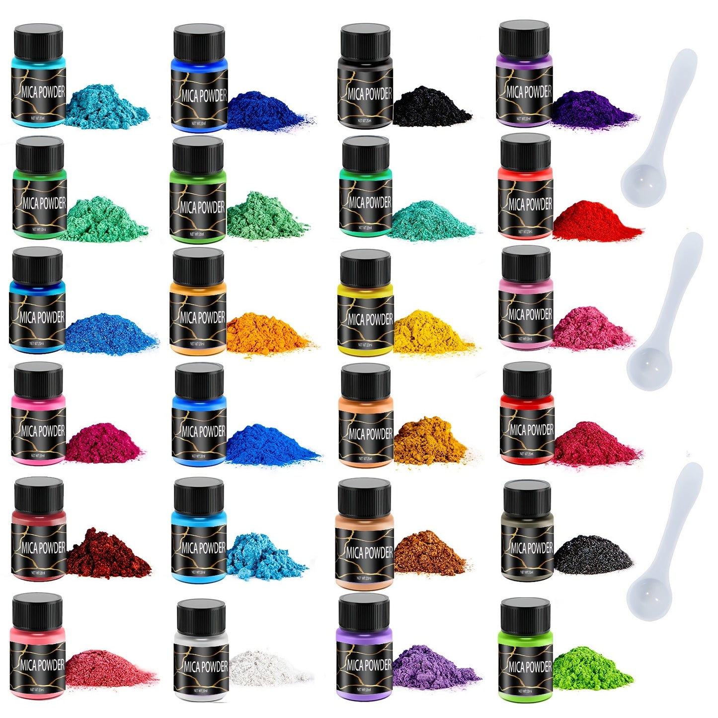 24 colors of Mica Powder, 20ml bottles, for various craft uses.