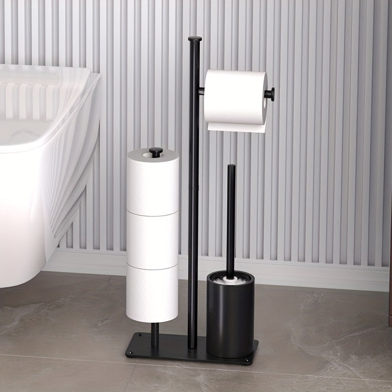 Freestanding toilet paper holder with storage rack and brush, efficient space-saving organizer