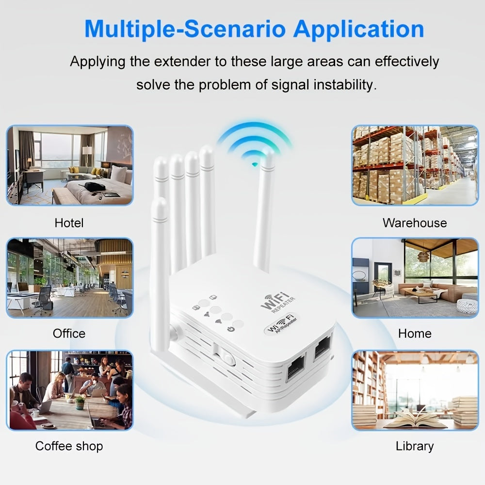 OurLife WiFi Extender boosts signal with 1200Mbps dual band coverage for up to 35 devices. Easy setup, Ethernet port, and 4 external antennas for home or office WiFi enhancement.