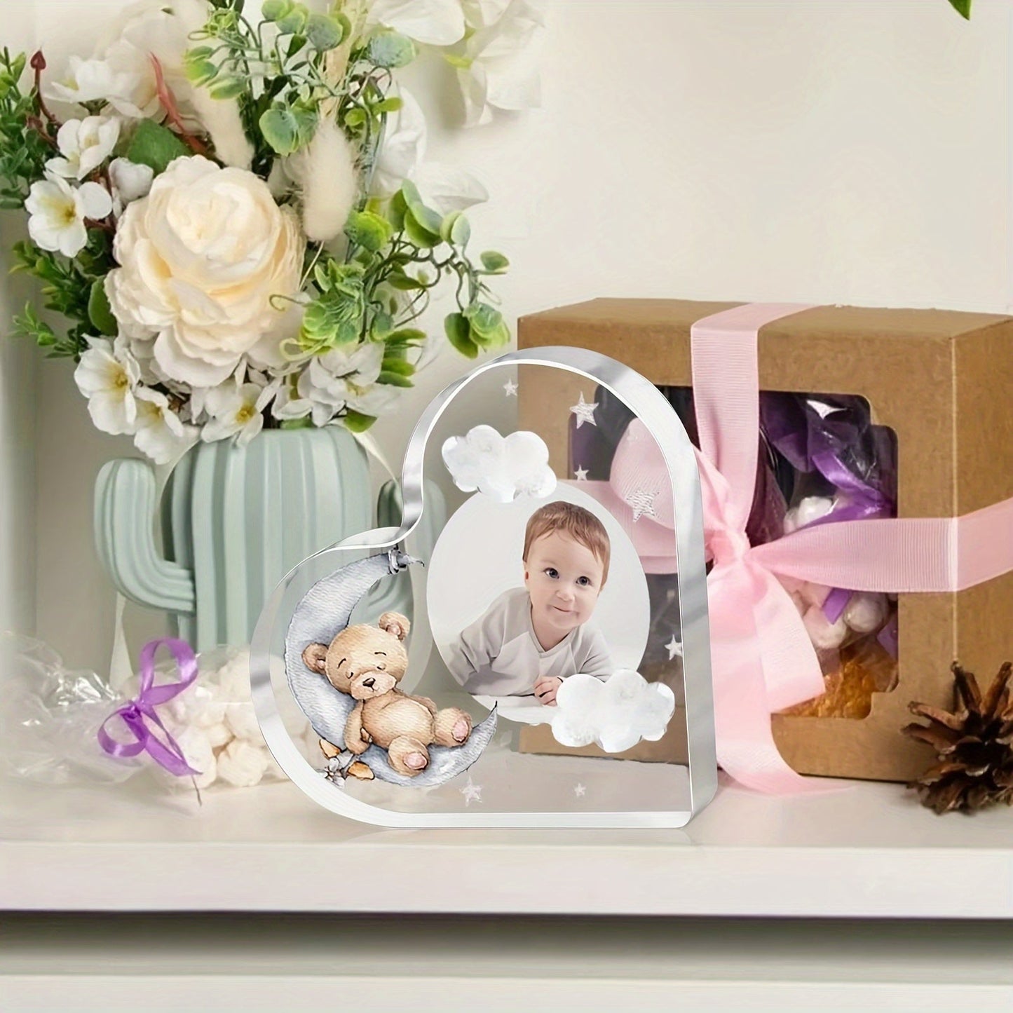 Add a personal touch to your child's room with a Custom Acrylic Heart Plaque featuring a cute bear design. This personalized photo love sign makes a perfect keepsake gift for your son or daughter.