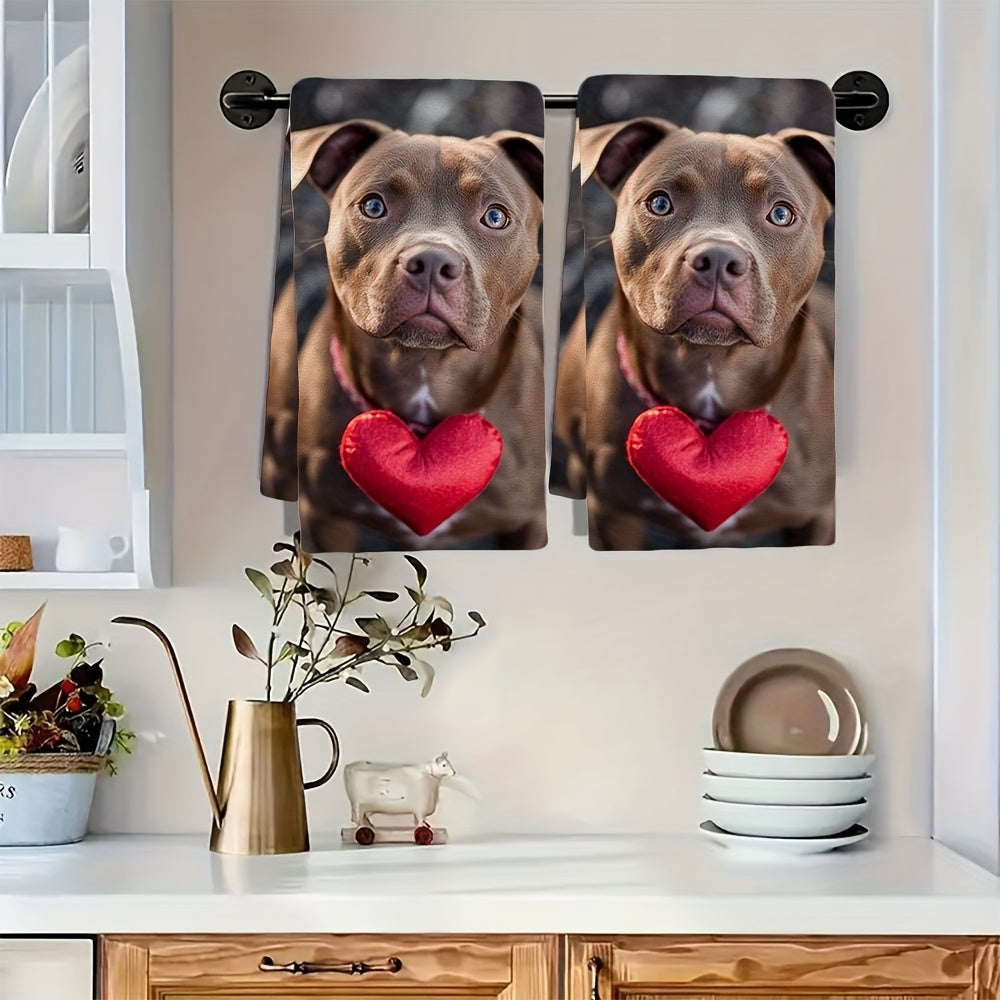 Set of 2 Ultra Soft Kitchen Towels featuring a Pitbull Valentine Design - Extremely Absorbent, Easy to Clean Dish Hand Towels, Adorned with Red Heart Detail, Measures 40.64x60.96 cm - Perfect for Holiday Decorating & Everyday Kitchen Use