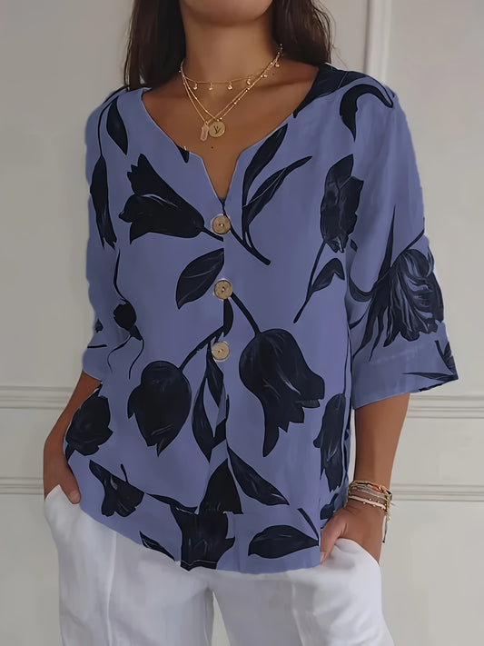 Print Plus Size Floral V-Neck Blouse with Button Detail - Casual Half Sleeve, Non-Stretch Polyester Blend for Women.