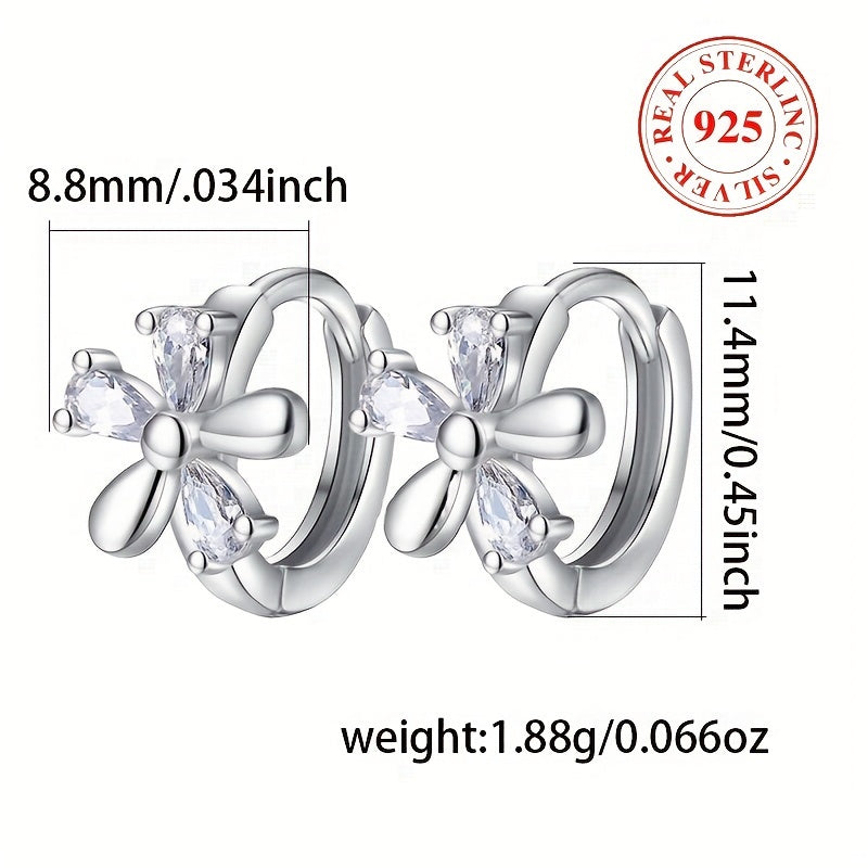 Elegant Luxury Style Women's Party/Wedding Earrings - S925 Silver Hypoallergenic Hoop Earrings Featuring Flower Design and Shiny Zirconia Inlay