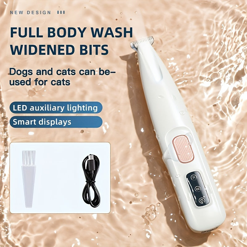 IPX5 Pet Hair Remover for Cats & Dogs - USB Rechargeable Electric Trimmer with Smart Display and Quiet Operation. Features Wide-Bit Shaving Head, Foot Design, and Auxiliary Lighting. Ideal