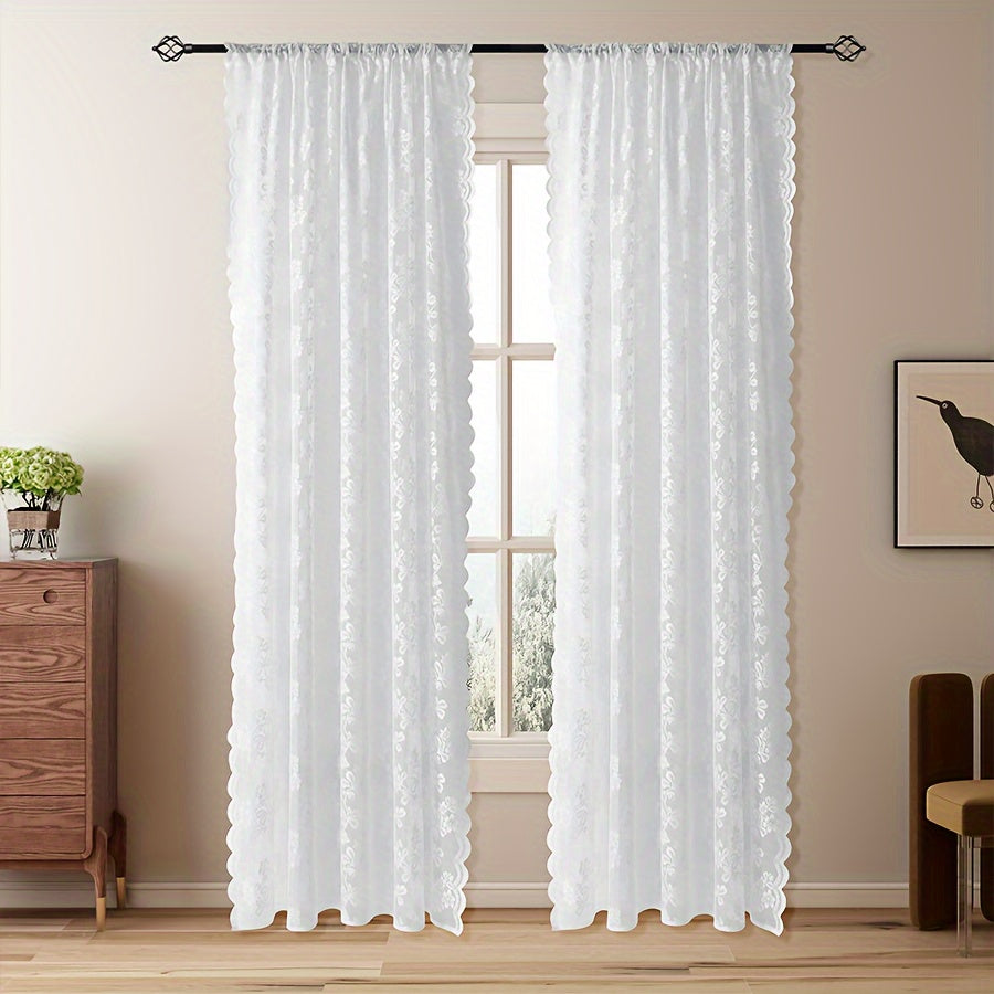 Elegantly designed Korean-style floral lace sheer curtain features a rod pocket design for easy hanging. Provides UV protection and is perfect for adding a touch of sophistication to living room and balcony decor.