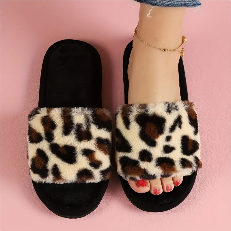 Leopard print slippers for women, cozy indoor shoes.