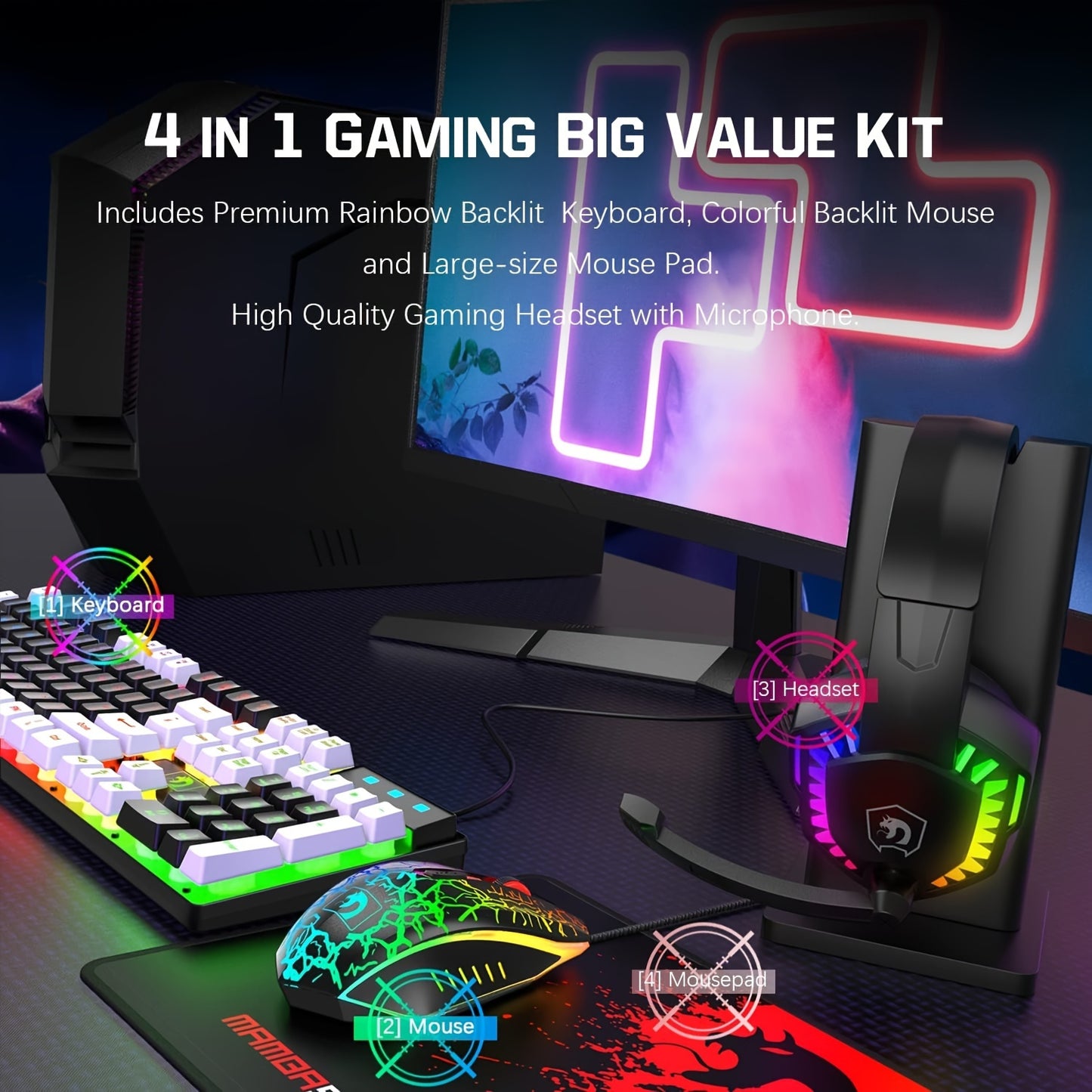 4-in-1 Gaming Bundle with Rainbow LED Backlit Keyboard, Mouse, Mousepad, and Headset - Includes 104 Keys, Multimedia Controls, 2400 DPI Mouse, Over-Ear Headphones with Mic, Non-Slip Mouse