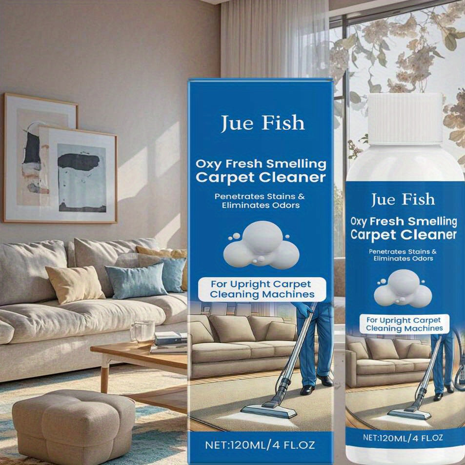 Revitalize your carpets with Jue Fish 120ml Oxy Fresh Carpet Cleaner. This powerful stain and odor eliminator uses a fume-free fabric cleaning solution with sodium bicarbonate. Perfect for use with upright machines, this cleaner is ideal for indoor use