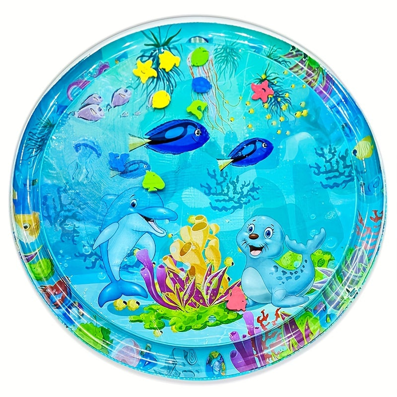 Blue round inflatable play mat for tummy time crawling, featuring a cute seal design. The mat is 100cm/39.4 inches in size and doubles as a cartoon game water mat. Perfect as a gift for Christmas, Halloween, Thanksgiving, New Year's, or Valentine's Day.