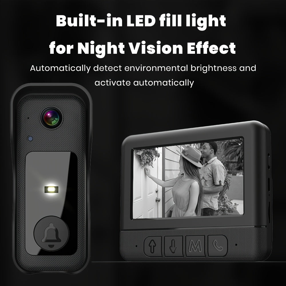 Wireless doorbell camera with monitor featuring sleek black design, HD night vision, two-way audio, photo & video recording, touchscreen & app control, voice changing feature, and easy