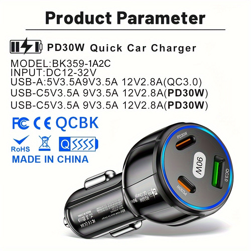 90W car charger with USB Type C PD and Quick Charger 3.0 for fast charging.