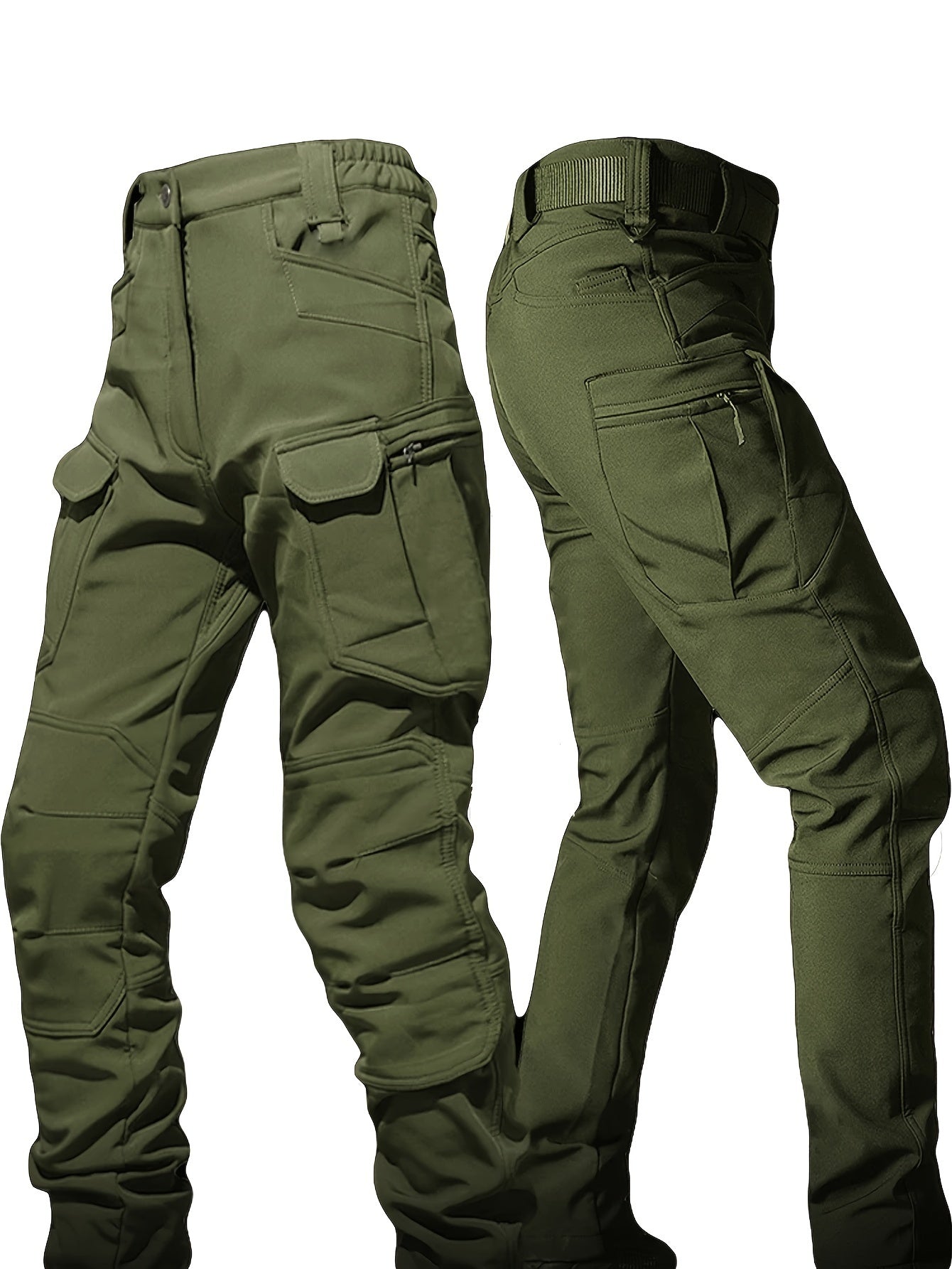 Men's fleece-lined tactical cargo pants with multiple pockets, windproof, soft shell, loose fit for autumn & winter. Olive green, polyester & spandex blend, machine washable.