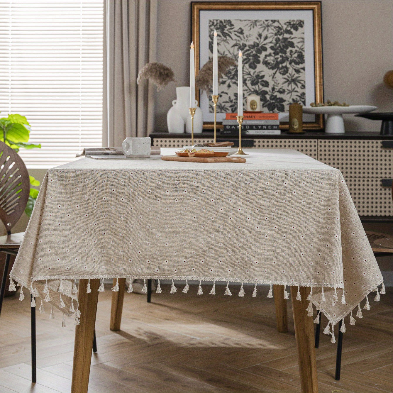 White chrysanthemum and beige linen print farmhouse floral tablecloth with tassels, ideal for kitchen and dining decor. Ready for Thanksgiving, made of polyester, rectangular shape.