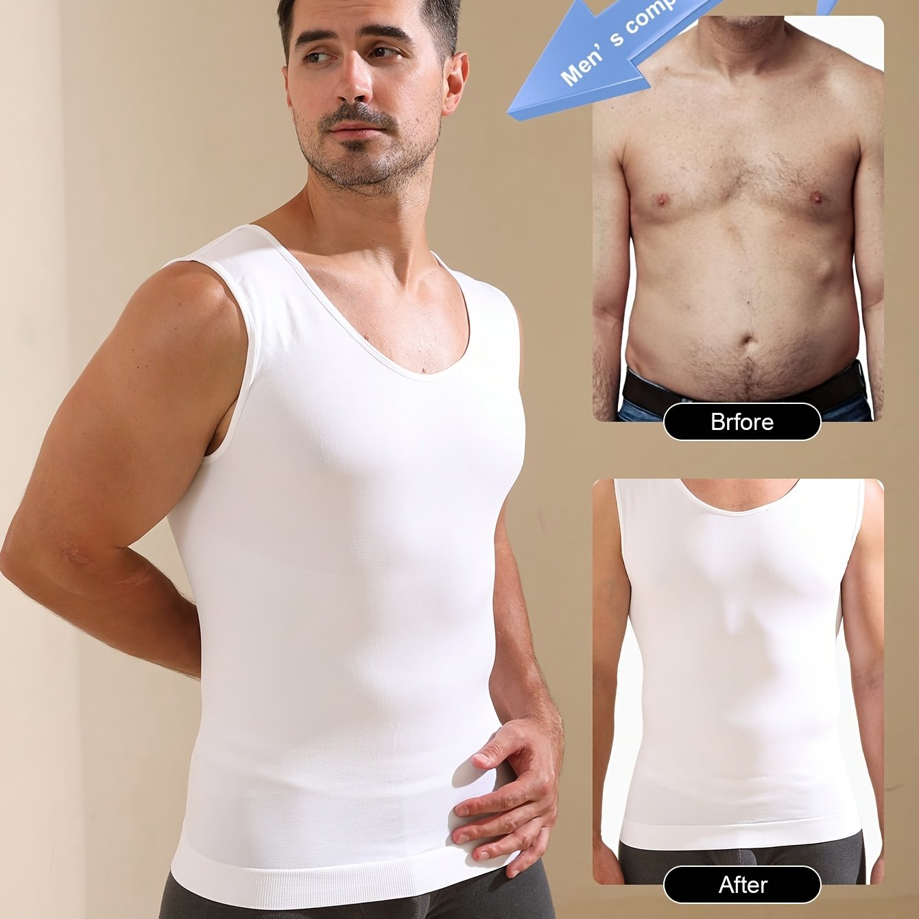 Men's Compression Tank Top with high stretch knit fabric, crew neck, sleeveless design, solid color, skinny fit, moisture-wicking, quick-drying features. Ideal for body shaping and tummy