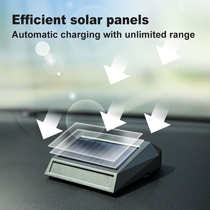 Solar-powered car air purifier with motion sensor for 7-day freshness, auto shut-off when parked, no consumables required, includes high-efficiency panel and lithium battery.