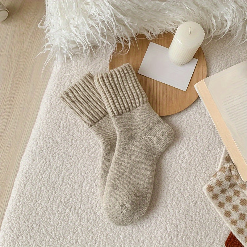 5 cozy winter socks for women in beige and brown, mid-calf length, soft polyester blend, ideal for cold weather.