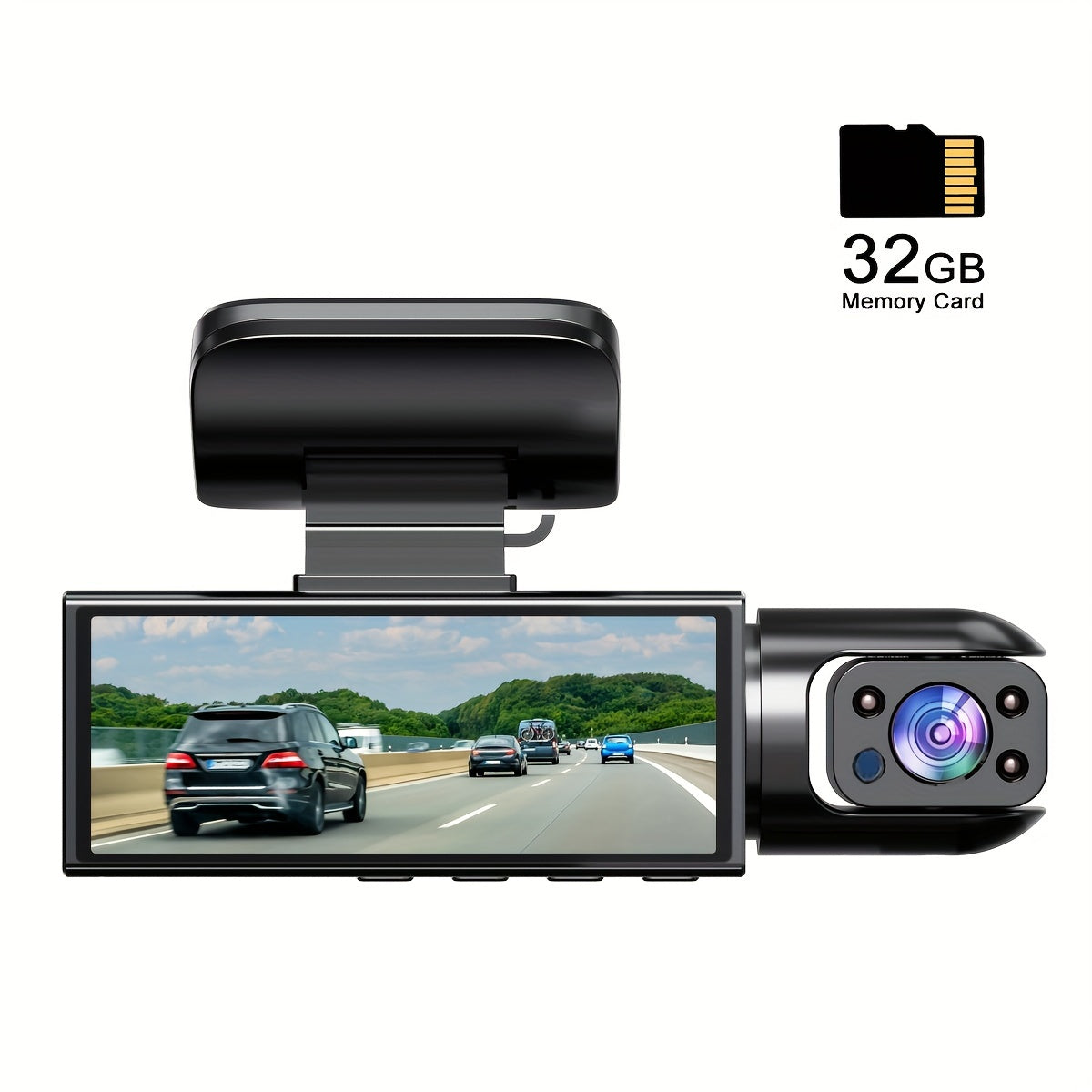 Dual camera dash cam for cars with 1080P resolution, IR night vision, loop recording, wide angle lens, and 8.03 cm IPS screen.