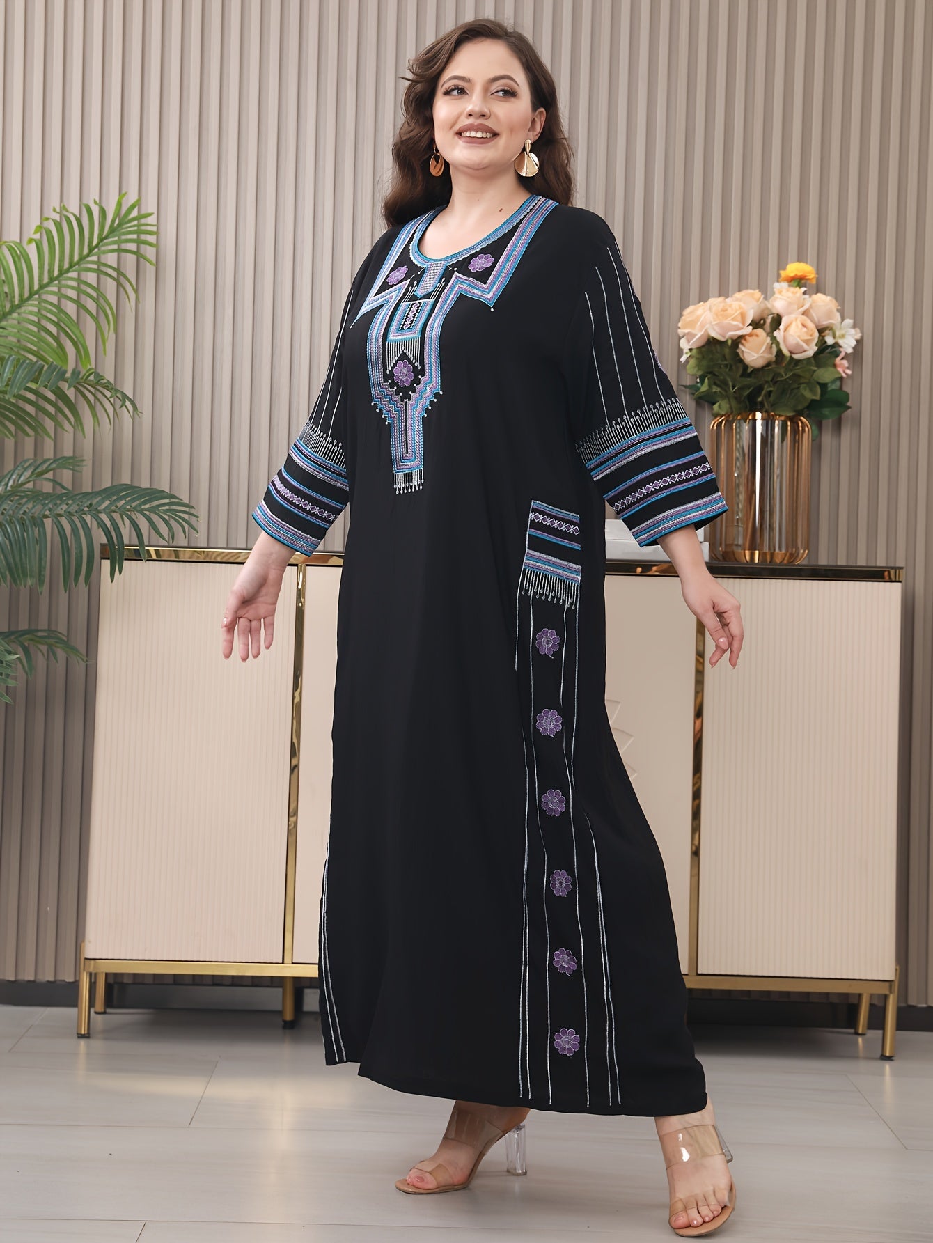 Embroidered kaftan dress in tribal pattern, loose fit, suitable for all seasons, made from polyester blend with rayon and spandex, has three quarter length sleeves and non-stretch woven