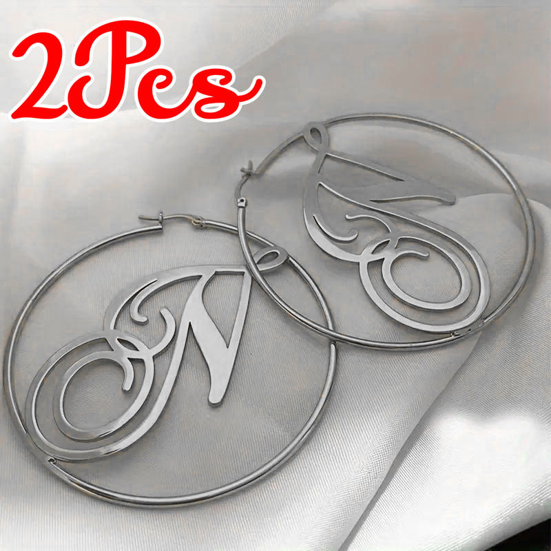 Set of 2 Custom Stainless Steel Initial Ring Earrings - Personalized with Letter Design, Great for Parties and Holiday Events, Perfect for Bridesmaid Gifts or Christmas Presents.