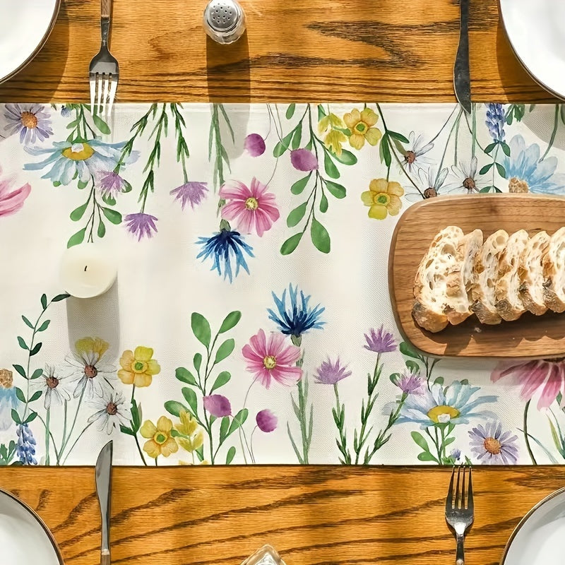 Colorful floral butterfly pattern table runner, perfect for indoor dining or parties during the spring season.