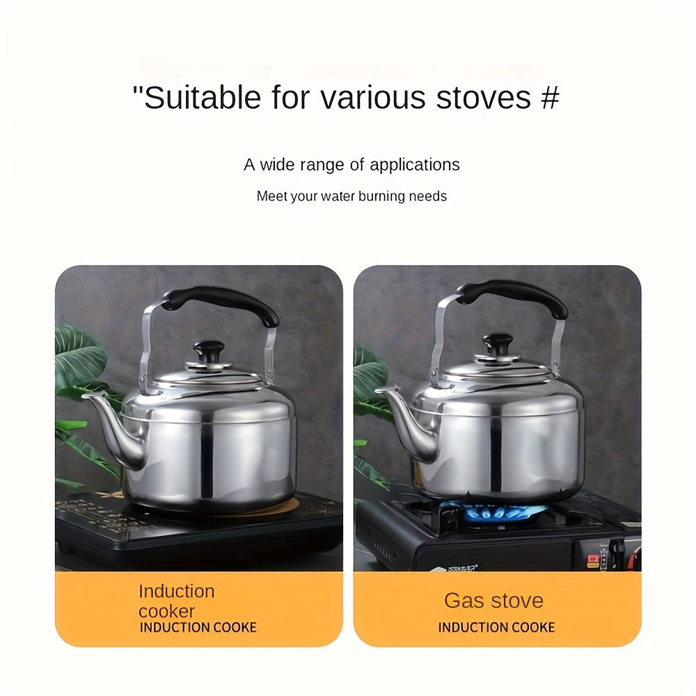 No Electricity Needed: 4L Stainless Steel Whistling Tea Kettle with Heat-Resistant Handle for Stovetop Brewing.