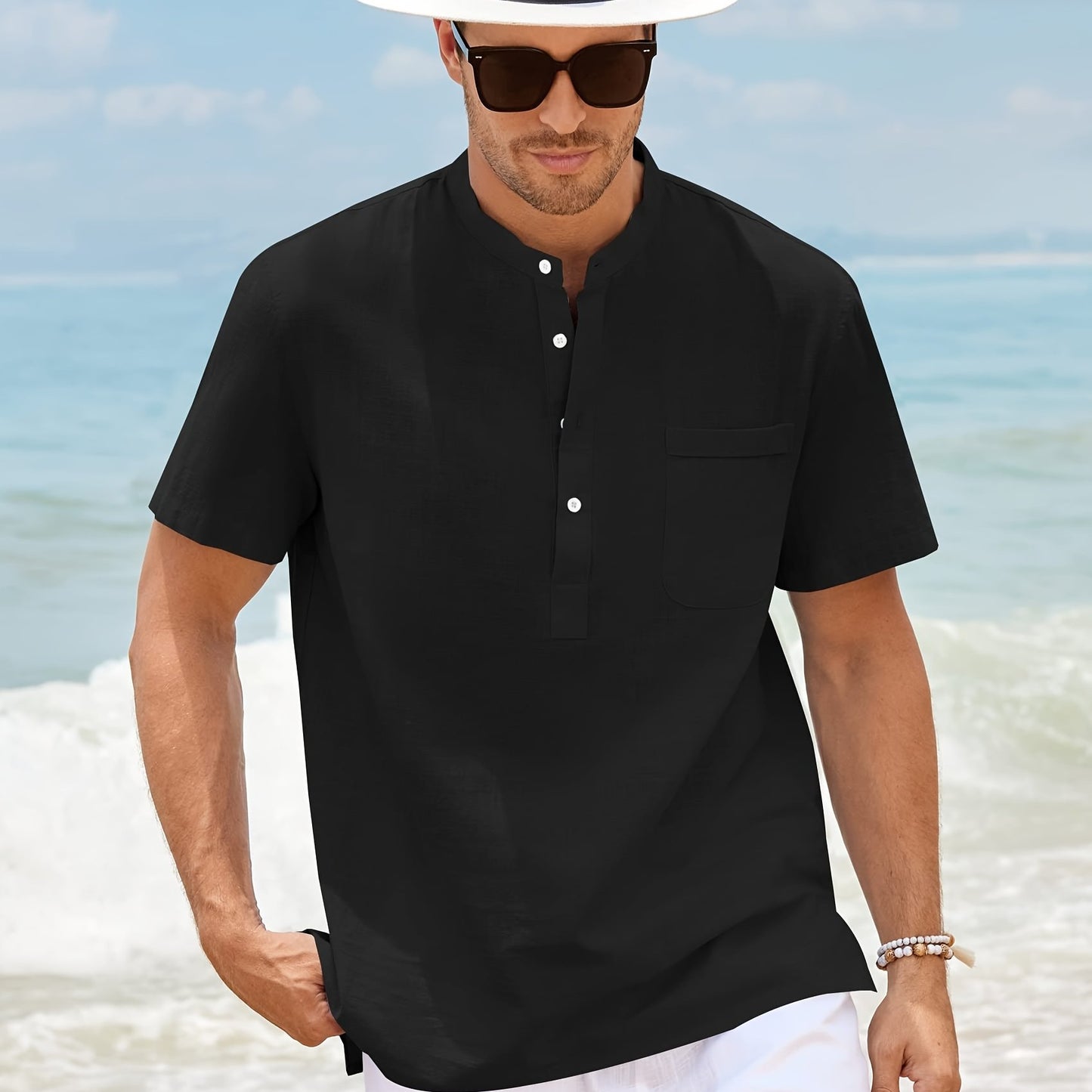 Men's loose fit cotton short sleeve shirt with stand collar and pocket, perfect for summer beach vacation.