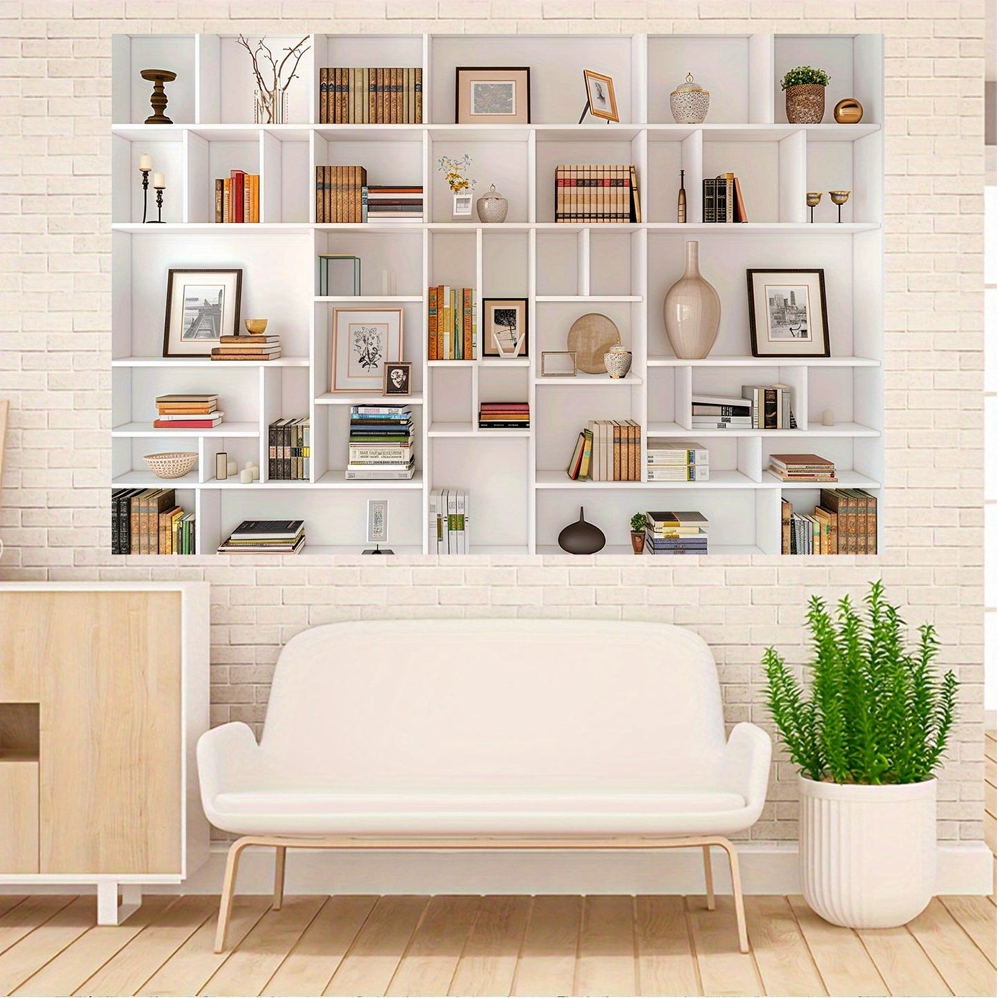 White Bookshelf Backdrop - Utilize for Office, Zoom Calls, Parties & Beyond - Made of Polyester, Requires No Power