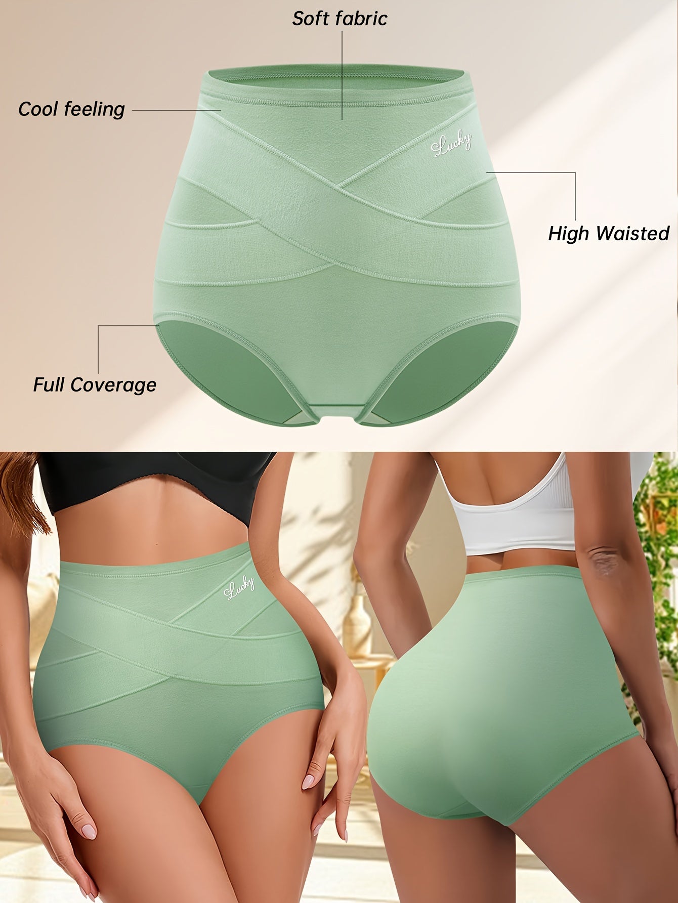 Set of 3 high-waist tummy control solid color underpants with cross-band design for women.