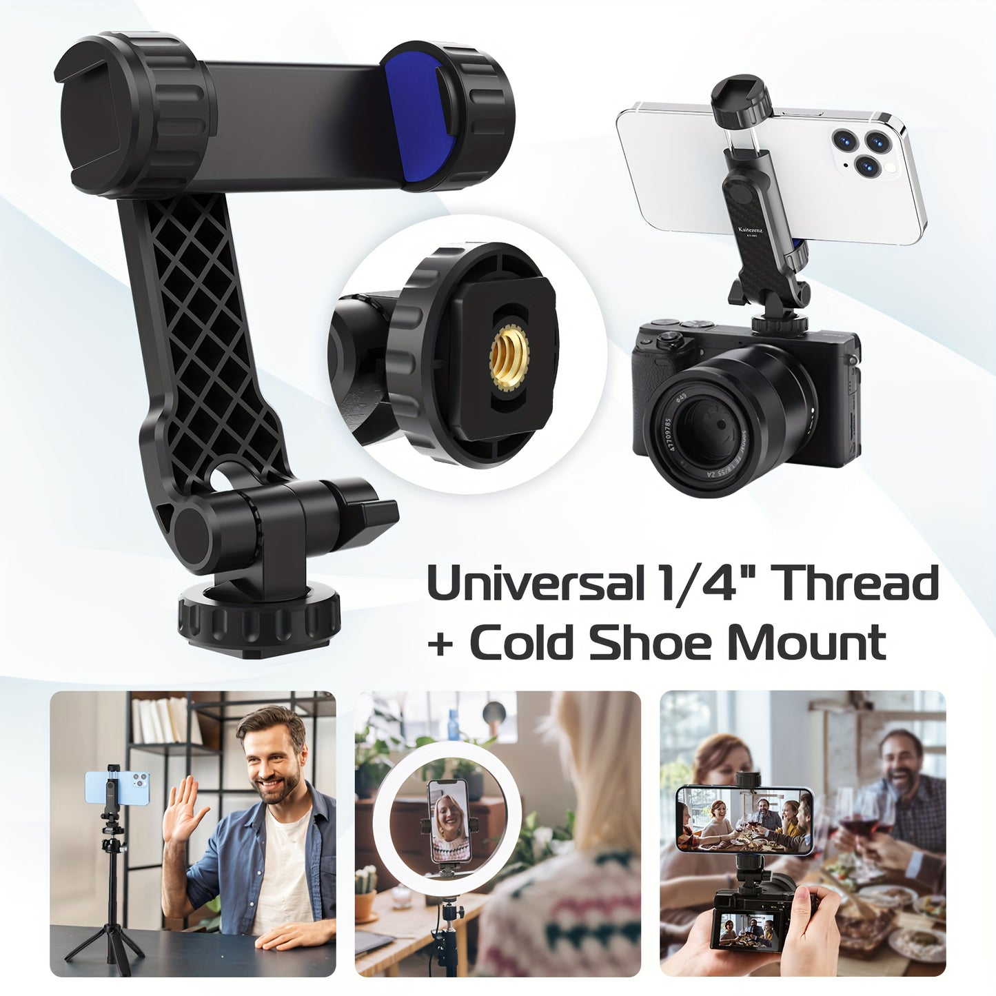 Mobile phone holder tripod with 2 cold boots, 360-degree rotation, compatible with all smartphones.