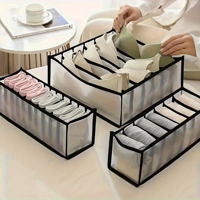 Underwear storage box with three compartments fitting socks and panties, drawer-style organizer for closet.