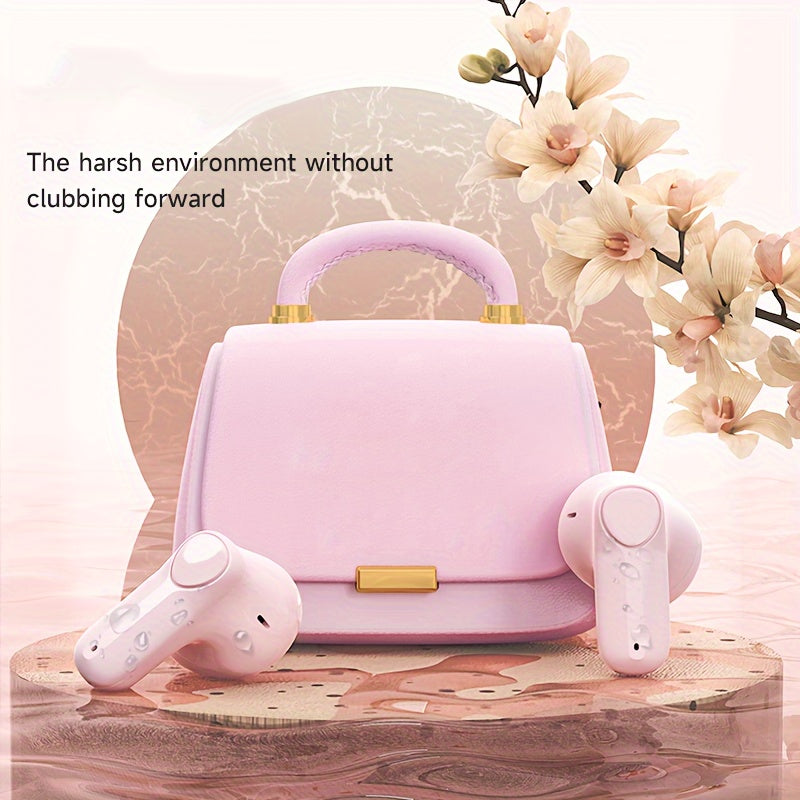 Handbag-shaped wireless headset featuring ENC voice noise cancellation, USB Type-C charging, crystal microphone, and rechargeable lithium polymer battery. Portable and cute design with