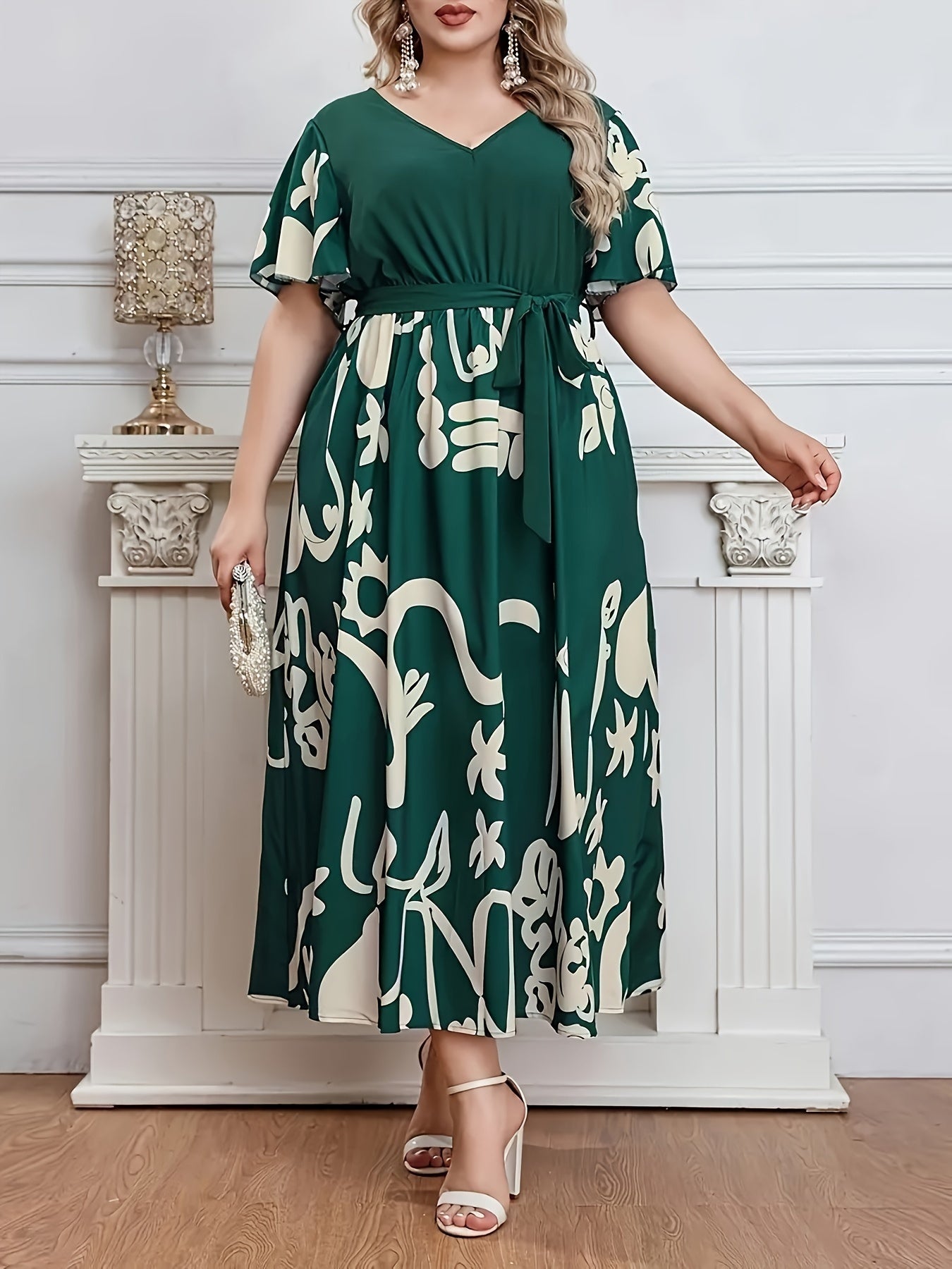 Floral Print Patchwork Dress with Belt for Spring & Summer, Plus Size Women's Clothing