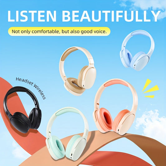 Foldable wireless headphones with stereo sound, passive noise-cancellation, long-lasting battery, and USB charging in light blue/beige/pink/white/black. Comfortable padded ear cups ideal