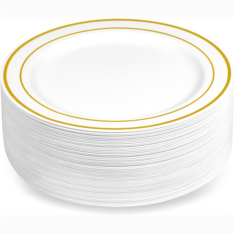 25-50 pieces of golden plastic party plates, measuring 19.05-26.04 cm each. These disposable plates are made of premium heavy-duty plastic, perfect for serving dinner and appetizers at parties and weddings.