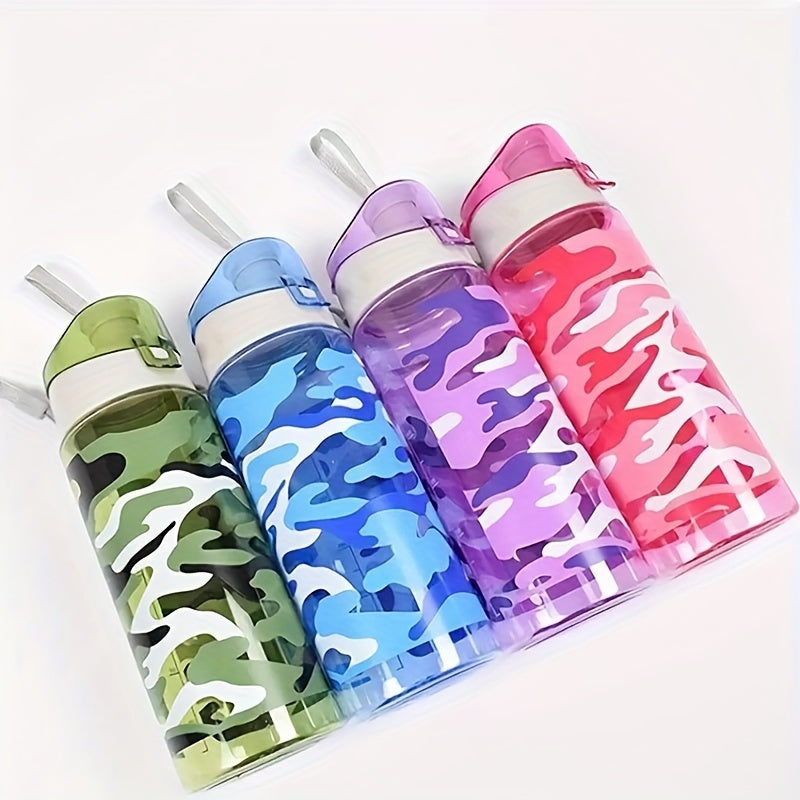 Camouflage sports water bottle, 600ml capacity, ideal for camping, hiking, fitness, and outdoor activities. Suitable as a birthday gift for travel enthusiasts.