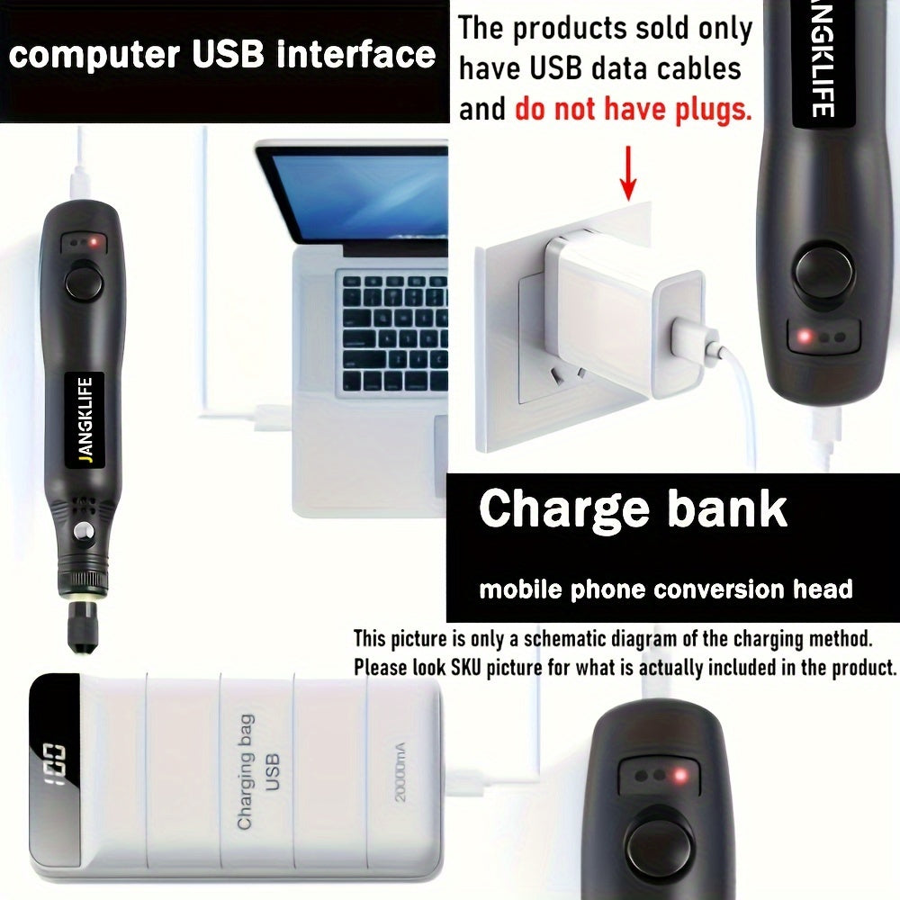 Rechargeable engraving pen with cordless rotary tool and adjustable speed for carving, ideal for portable wood engraving, sanding, and polishing.