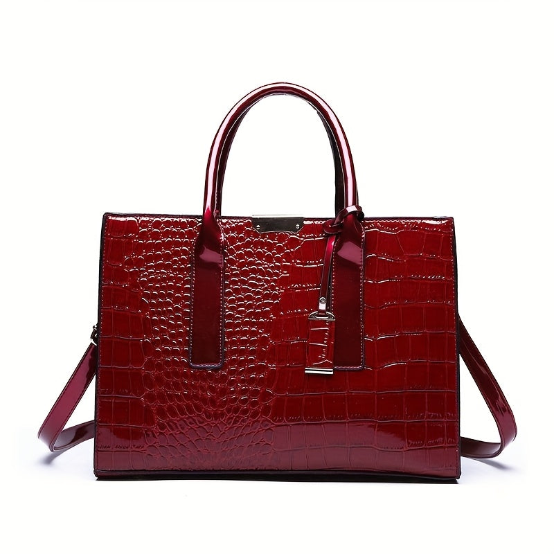 Stylish crocodile pattern handbag, great for travel or gifting, with spacious interior and versatile carrying choices.