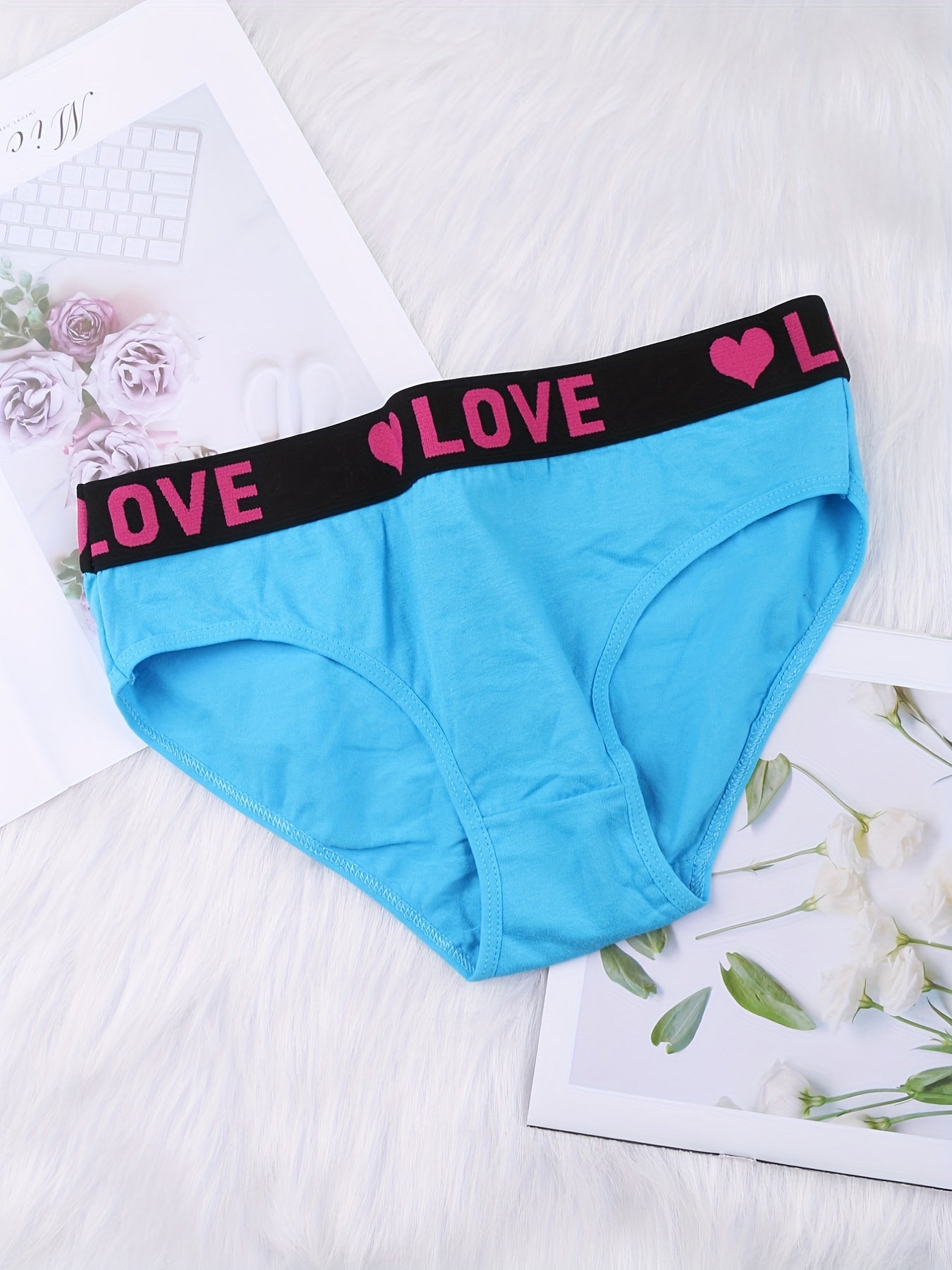 Colorblock low waist bikini panties with letter tape design, breathable and soft for women's lingerie and underwear.