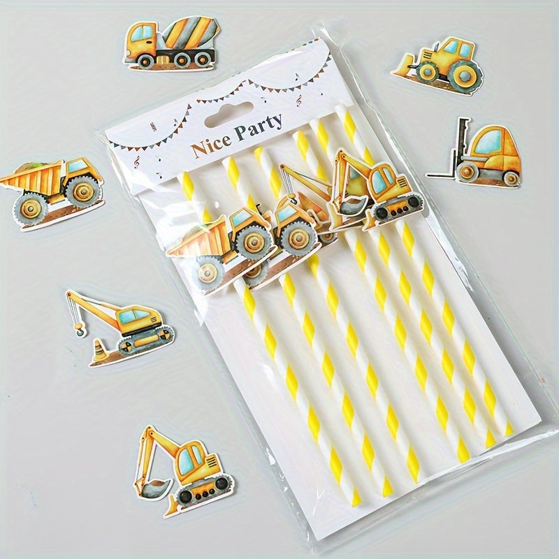 Set of 6 Construction-Themed Paper Straws featuring Yellow Striped Engineer Vehicles - Perfect for Birthday Parties, Baby Showers, Graduations, and Gender Reveals. Decorate your cups with Cartoon Trucks, Excavators, and Cranes!