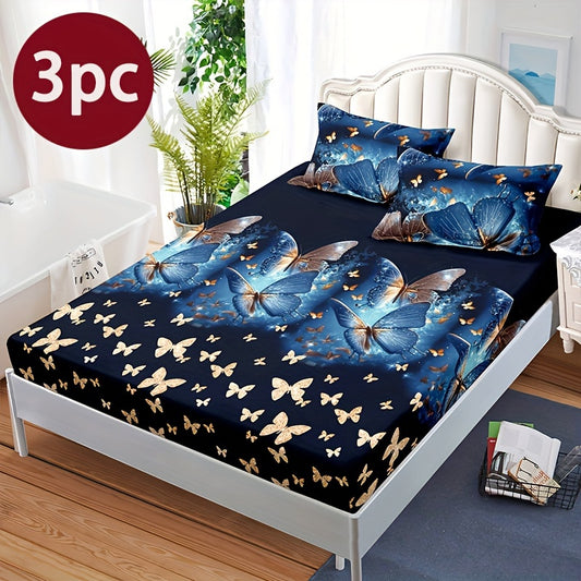 Butterfly Floral 3-Piece Bedding Set with soft polyester fitted sheet, 2 pillowcases, and floral pattern bedspread. All-season, machine washable.