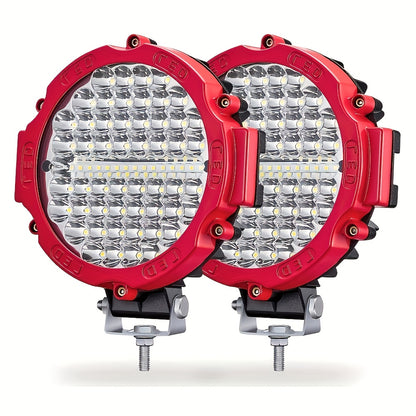 7-Inch Round LED Work Lights for Off-Road Vehicles - 12V-24V, Red & Black Housing, Bright White Light, Ideal for Trucks, Tractors, SUVs, ATVs, UTVs, Boats, Utility Vehicles | Bold Lighting